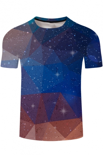 Fashion Color Block Starry Sky Printed Round Neck Short Sleeve Tee