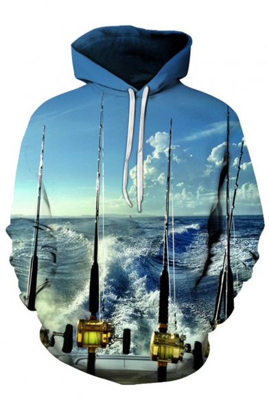 Fishing Pole Printed Leisure Oversize Long Sleeve Hoodie for Couple