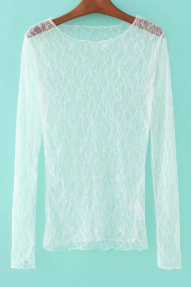 Hot Popular Floral Sheer Lace Round Neck Long Sleeve Tee