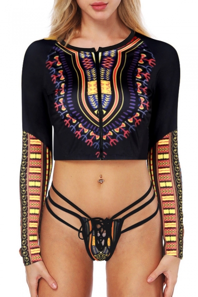 Tribal Print Color Block Zip Up Long Sleeve Strappy Swimwear