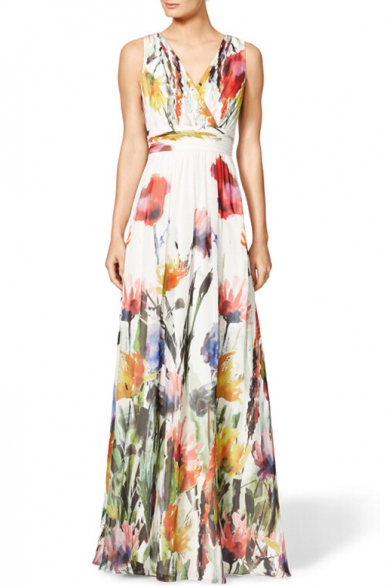 Ladylike Floral Print V Neck Sleeveless Maxi A-line Dress