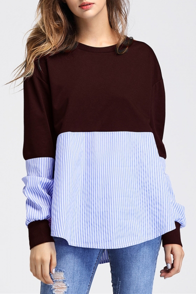 Leisure Striped Pattern Patchwork Round Neck Long Sleeves Pullover Sweatshirt