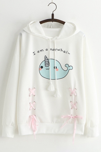 Lovely Whale Cartoon Letter Print Lace-up Detail Long Sleeves Pullover Hoodie
