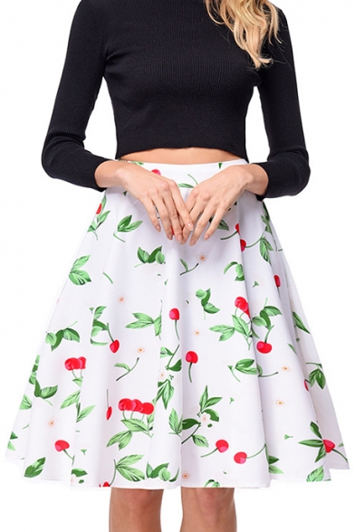 

New Collection Retro Cherry Printed Zipper Fly Midi A-Line Skirt, Black;blue;white, LC466445