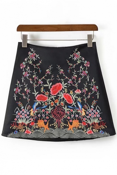 New Fashion Floral Embroidered Zipper Back Mini A-Line Skirt