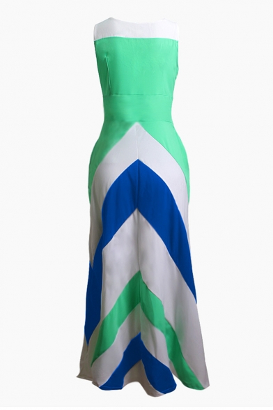 New Stylish Color Block Striped Print Round Neck Sleeveless Tank Dress