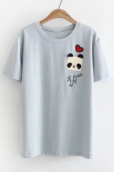 Panda Heart Pattern Patched Striped Printed Round Neck Short Sleeve Tee