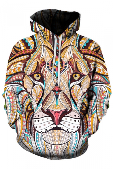 Retro Tribal Lion Print Long Sleeves Pullover Hoodie with Pocket