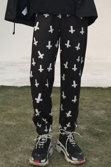 Simple Cross Allover Print Elastic Ankle Loose Joggers
