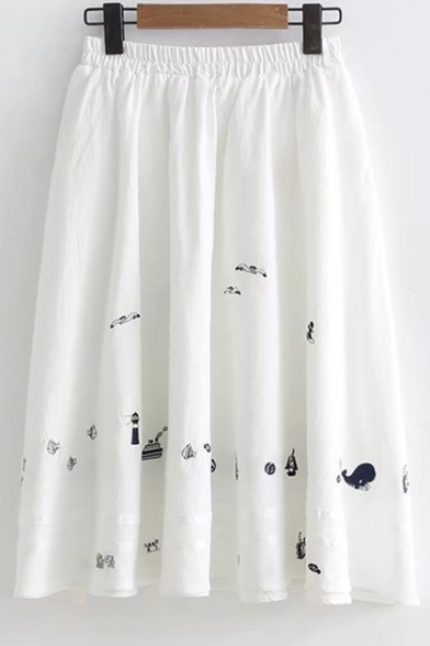 Small Boat Embroidered Elastic Waist Midi A-Line Skirt