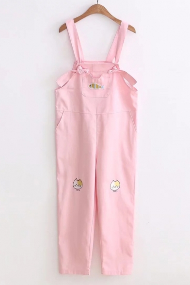 Sports Leisure Cat Fish Embroidered Pocket Overall Jumpsuit