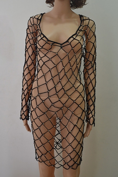 Summer Collection Scoop Neck Beaded Hollow Out Back Mesh Net Cover Up