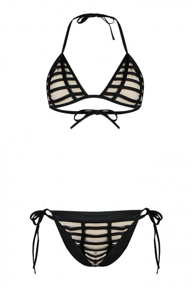 Plaids Pattern Halter Neck Bow Tie Side Summer Beach Bikini