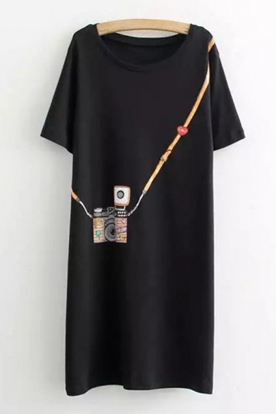 Unique Camera Pattern Round Neck Short Sleeve Loose Mini T-shirt Dress