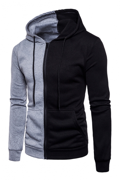 Basic Simple Color Block Zip Up Long Sleeve Hoodie with Pockets