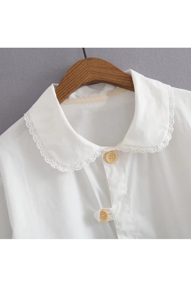 Bow Embroidered Patched Pockets Peter Pan Collar Long Sleeve Buttons Down Shirt