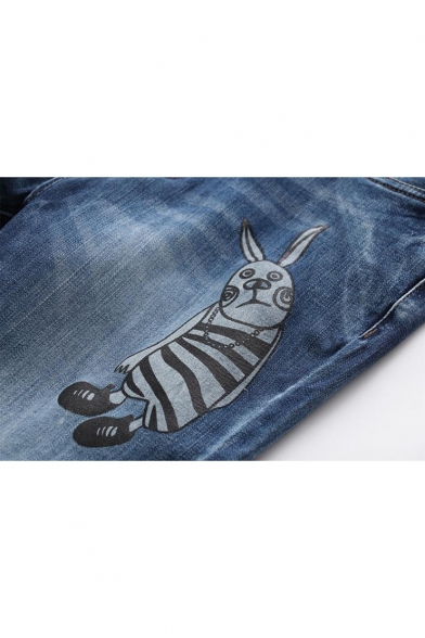Cartoon Animal Embroidered Leisure Zipper Fly Cropped Jeans
