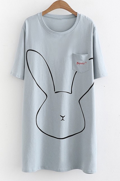 Cartoon Rabbit Printed Letter Embroidered Pocket Round Neck Short Sleeve Mini T-Shirt Dress