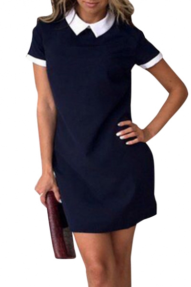 Casual Lapel Short Sleeve Color Block Zip Back Mini T-shirt Dress