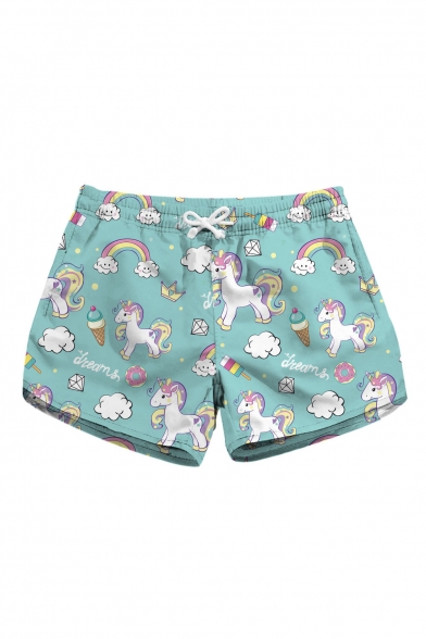 Cute Cartoon Rainbow Unicorn Printed Drawstring Waist Shorts