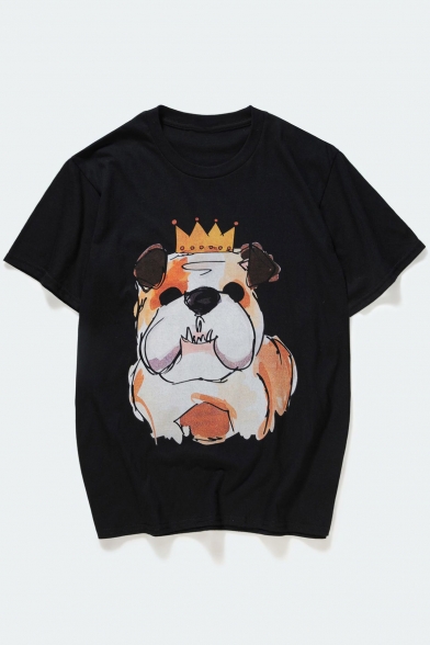 Cute Dog Cartoon Crown Print Round Neck Short Sleeves Casual Tee