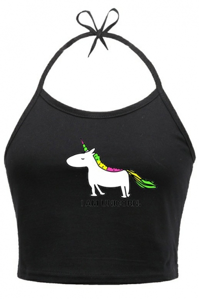Cute Unicorn Letter Printed Halter Sleeveless Cropped Cami
