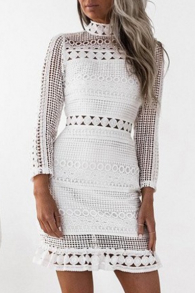 Daily Fashion High Neck Lace Panel Hollow Out Long Sleeve Mini Pencil Dress