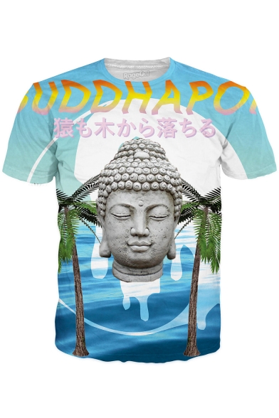 Digital Buddha Japanese Printed Round Neck Short Sleeve Tee