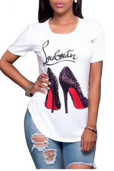 Fashionable High Heel Shoes Letter Pattern Round Neck Short Sleeves Tee