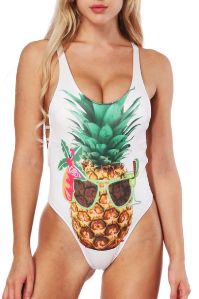 Fashionable Pineapple Sunglasses Print Scoop Neck Hollow Out One Piece Swimwear