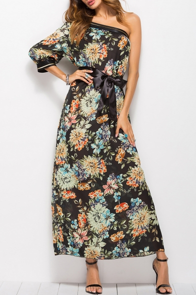 Floral Printed One Shoulder 3/4 Length Sleeve Bow Tied Waist Maxi Dress