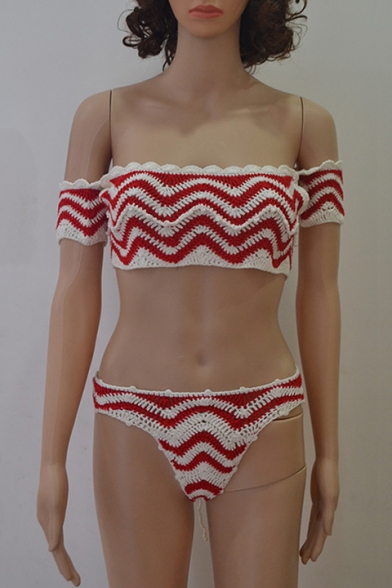 Hot Fashion Off the Shoulder Striped Pattern Tie Back Knitted Bikini