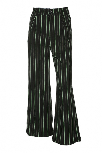 Leisure Vertical Striped Printed Zipper Fly Wide Leg Loose Pants