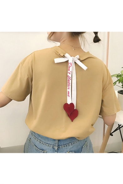 Letter Printed Bow Tied Red Heart Embellished Back Round Neck Short Sleeve Tee