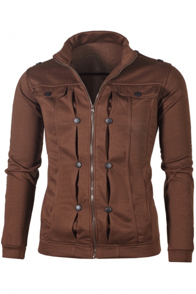 Men's Fashion Zip Up Plain Button Detail Long Sleeve High Neck Jacket
