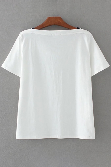 Natural Letter Embroidery Square Neck Short Sleeve Summer Tee