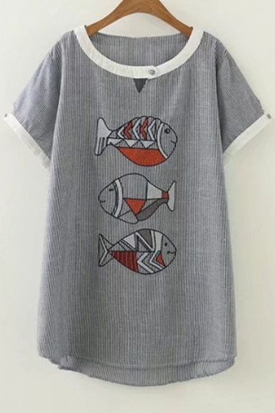 Retro Fish Embroidery Striped Pattern Round Neck Button Detail Dipped Hem Loose Tee