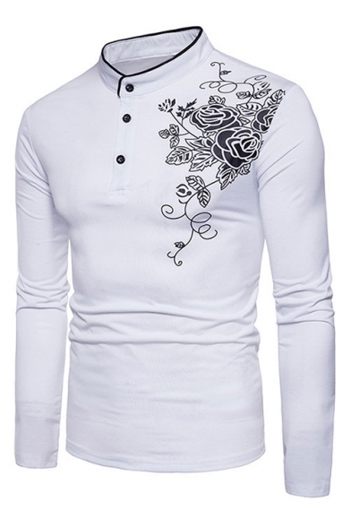Retro Floral Rose Print Button Detail Mock Neck Long Sleeve Slim Fit Tee