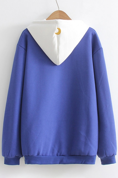 Simple Color Block Japanese Moon Embroidered Long Sleeves Pullover Hoodie