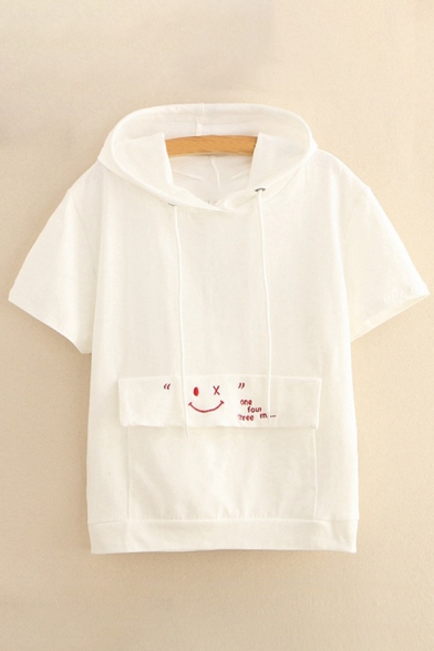Simple Letter Face Embroidered Short Sleeve Hooded Tee with Pocket