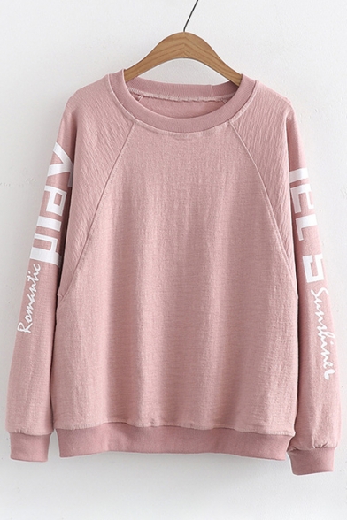 Simple Letter Pattern Round Neck Long Sleeves Pullover Sweatshirt