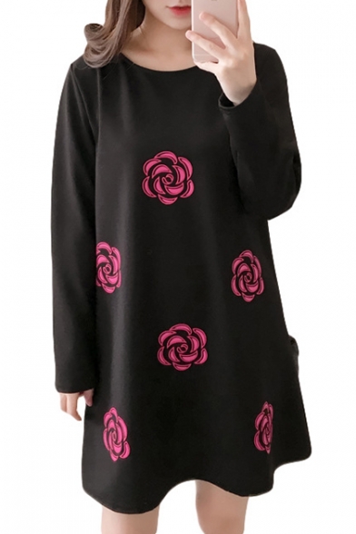 Simple Rose Floral Print Round Neck Loose Mini T-shirt Dress