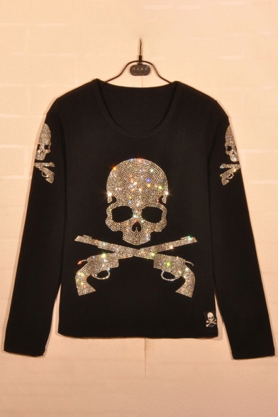 Skull Gun Printed Diamante Embellished Round Neck Long Sleeve Pullover Sweatshirt