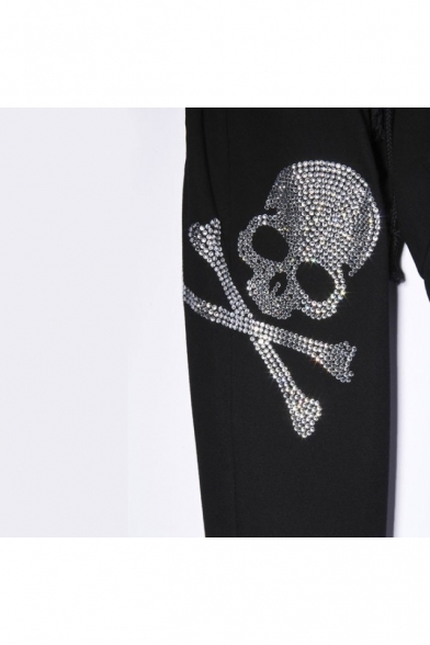 Skull Printed Diamante Embellished Drawstring Waist Loose Pants
