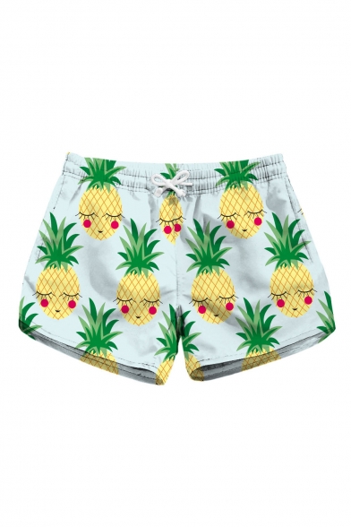 Summer Fashion Pineapple Printed Drawstring Waist Shorts with Pockets