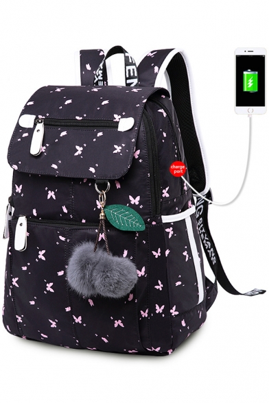 Trendy Butterfly Pattern Zippered Pompom Detail Backpack School Bag