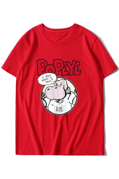 Trendy Cartoon Hippo Letter Print Round Neck Short Sleeves Summer T-shirt
