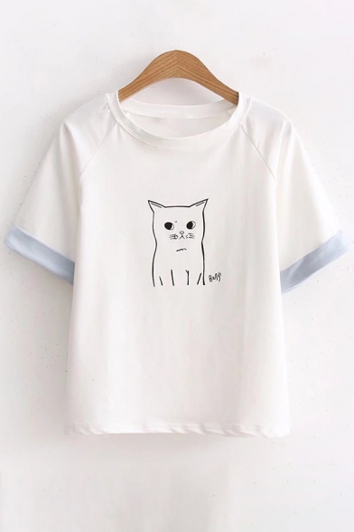 Adorable Cat Printed Contrast Cuff Round Neck Short Sleeve Comfort Tee