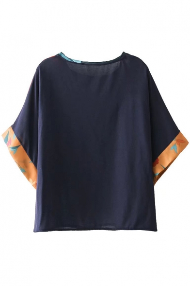 Casual Floral Print Loose Patchwork Round Neck Pullover Tee