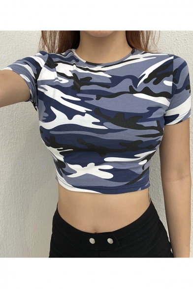 Chic Camouflage Printed Round Neck Short Sleeve Slim Cropped Tee